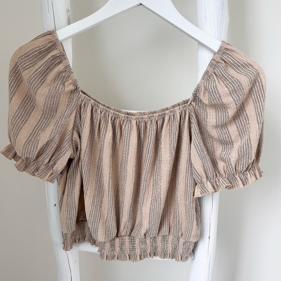H&M Beige Puff Sleeves Off Shoulder Crop Top SZ S - Picture 1 of 10